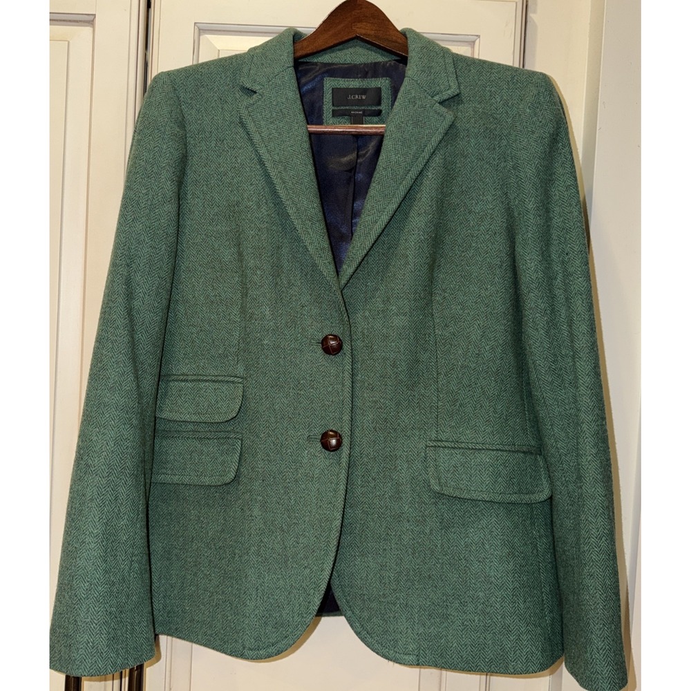J Crew Green Herringbone Blazer Schoolboy Wool Womens SZ 14
